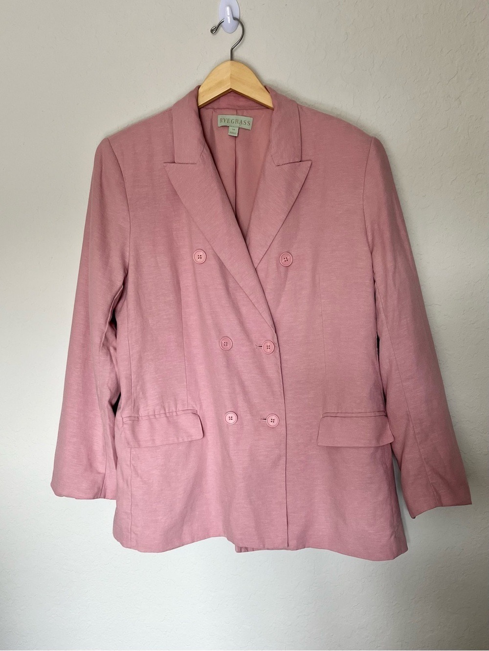 Pink Linen Blend Double Breasted Boxy Blazer Size 14 Lightweight Spring Jacket